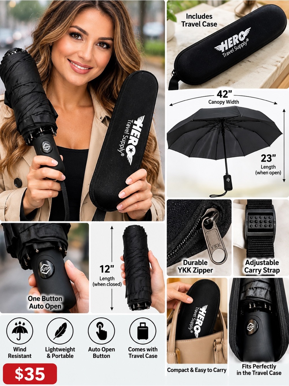 HERO Travel Supply Compact Black Folding Umbrella/Zippered Travel Case